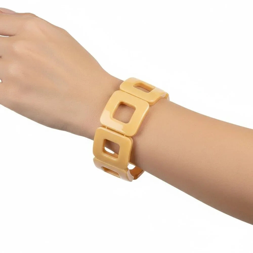 Vintage-Style Butterscotch Resin Stretch Bracelet Geometric Wide Cuff